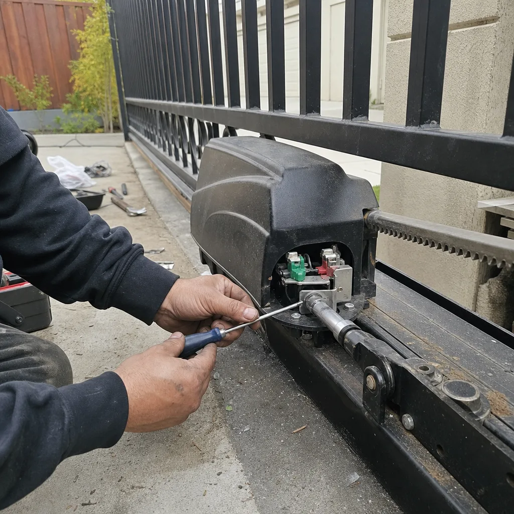 Technician performing electric gate motor repair and maintenance