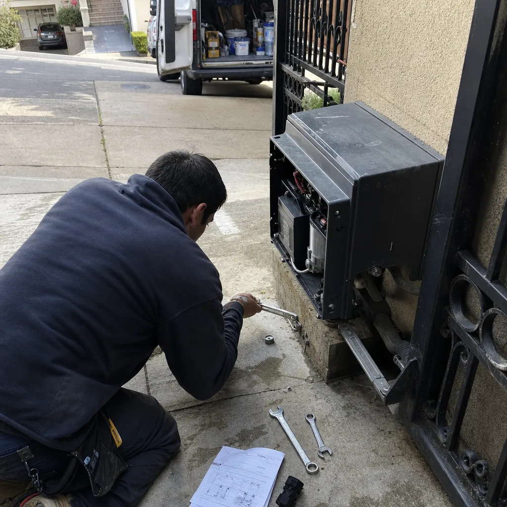 Technician performing professional electric gate motor repair and maintenance