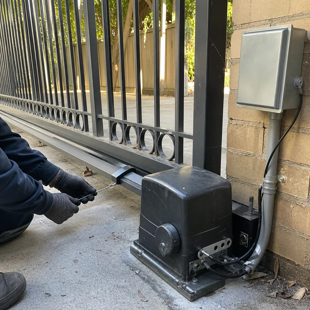 Technician performing professional electric gate repair and maintenance on a sliding gate.