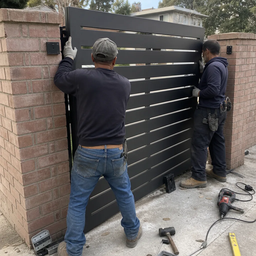 Two professional workers installing a modern black metal driveway gate.