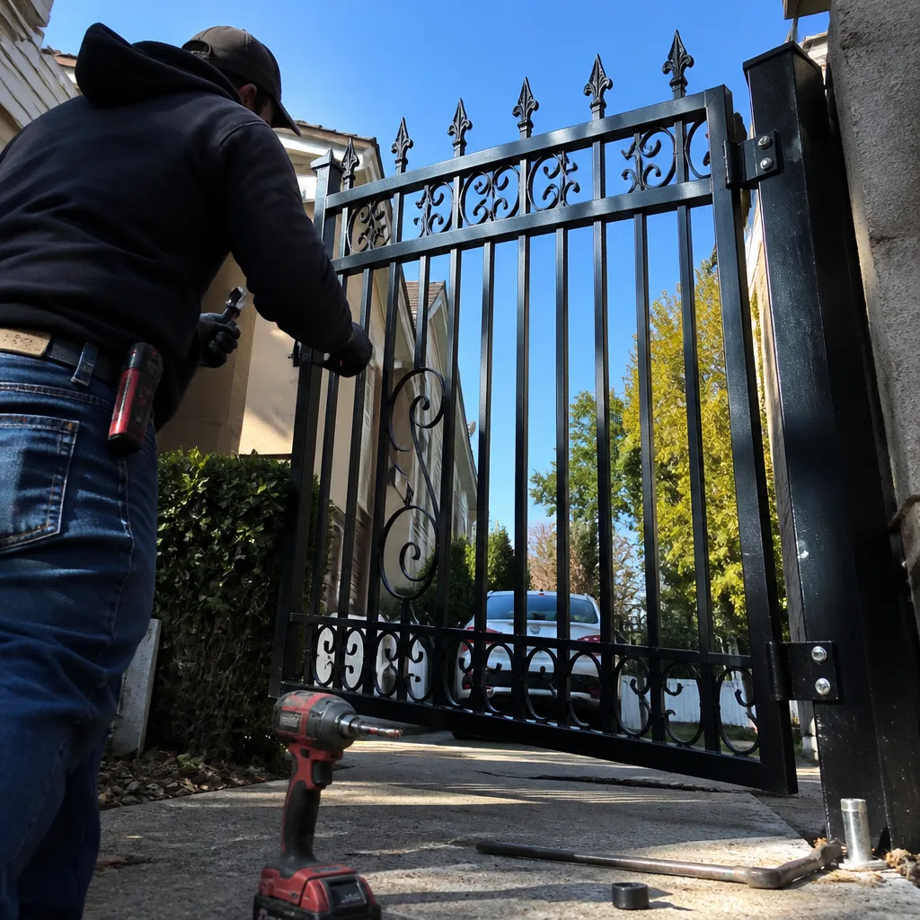 Professional technician performing custom metal gate installation in residential driveway