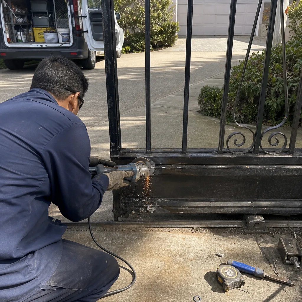 Technician using an angle grinder to perform professional metal gate repair